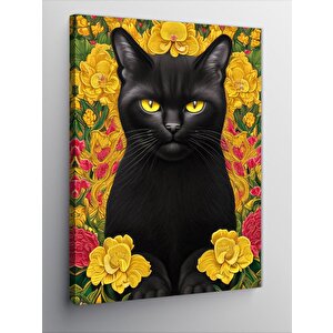 Kanvas Tablo Siyah Kedi Ve Sarı Çiçekler 70x100 cm