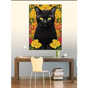 Kanvas Tablo Siyah Kedi Ve Sarı Çiçekler 70x100 cm