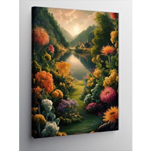 Kanvas Tablo Göl Kıyısı Ve Çiçekler 100x140 cm