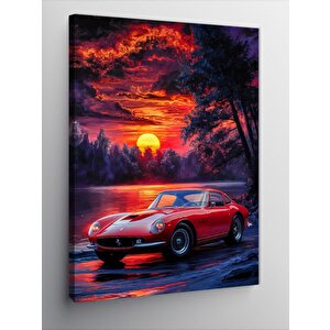 Kanvas Tablo Gün Batımında Kırmızı Cabrio Spor Araba 100x140 cm