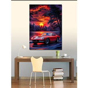 Kanvas Tablo Gün Batımında Kırmızı Cabrio Spor Araba 100x140 cm