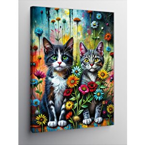 Kanvas Tablo Sevimli Kediler Ve Çiçekler 100x140 cm