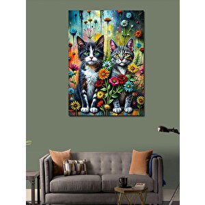 Kanvas Tablo Sevimli Kediler Ve Çiçekler 70x100 cm