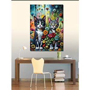 Kanvas Tablo Sevimli Kediler Ve Çiçekler 70x100 cm