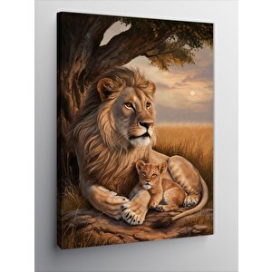 Kanvas Tablo Erkek Aslan Ve Yavrusu 100x140 cm