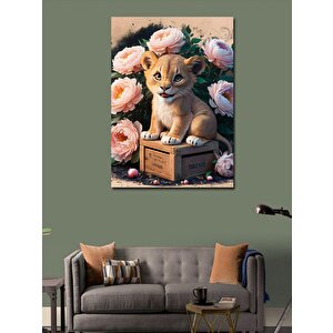 Kanvas Tablo Pembe Çiçekler Ve Aslan Yavrusu 100x140 cm