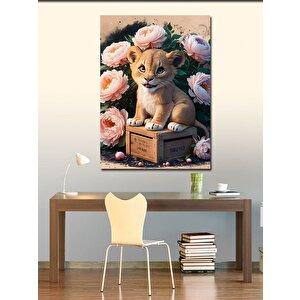 Kanvas Tablo Pembe Çiçekler Ve Aslan Yavrusu 100x140 cm