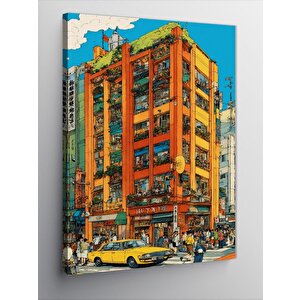 Kanvas Tablo Köşedeki Sarı Bina Ve Taksi 70x100 cm