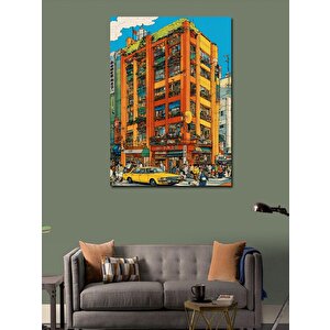 Kanvas Tablo Köşedeki Sarı Bina Ve Taksi 50x70 cm