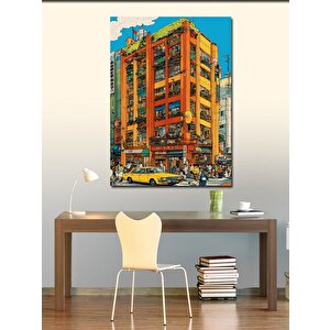 Kanvas Tablo Köşedeki Sarı Bina Ve Taksi 50x70 cm