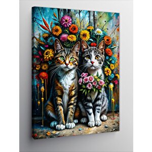 Kanvas Tablo Çiçekler Ve Tekir Kediler 100x140 cm
