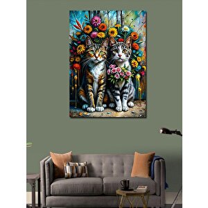 Kanvas Tablo Çiçekler Ve Tekir Kediler 100x140 cm