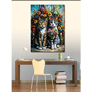 Kanvas Tablo Çiçekler Ve Tekir Kediler 100x140 cm
