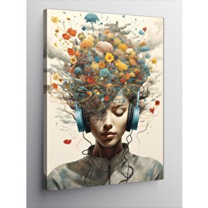 Kanvas Tablo Müzik Dinleyen Çiçek Saçlı Kadın 100x140 cm