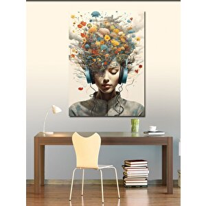Kanvas Tablo Müzik Dinleyen Çiçek Saçlı Kadın 100x140 cm