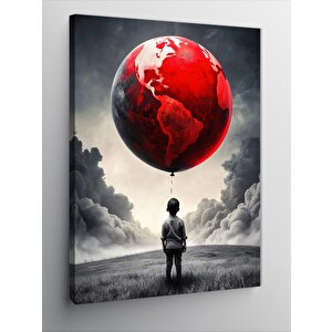 Kanvas Tablo Dünya Şeklinde Uçan Balon Ve Çocuk 70x100 cm