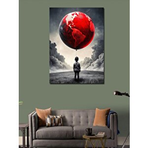 Kanvas Tablo Dünya Şeklinde Uçan Balon Ve Çocuk 70x100 cm