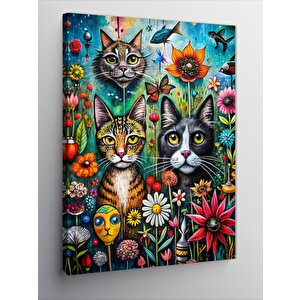 Kanvas Tablo Sevimli Kediler Ve Çiçekler 70x100 cm