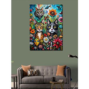 Kanvas Tablo Sevimli Kediler Ve Çiçekler 70x100 cm