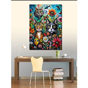 Kanvas Tablo Sevimli Kediler Ve Çiçekler 70x100 cm