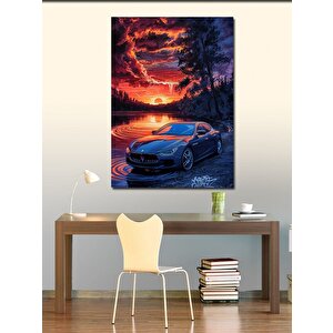 Kanvas Tablo Spor Araba Göl Ve Gün Batımı 70x100 cm