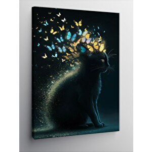 Kanvas Tablo Siyah Kedi Ve Kelebekler 50x70 cm