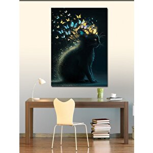 Kanvas Tablo Siyah Kedi Ve Kelebekler 100x140 cm