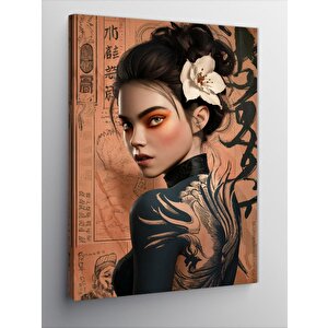 Kanvas Tablo Lotus Çiçekli Yakuza Kız 100x140 cm