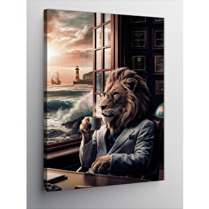 Kanvas Tablo Kahve İçen Aslan 100x140 cm
