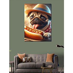 Kanvas Tablo Hotdog Yiyen Pug Cinsi Köpek 100x140 cm