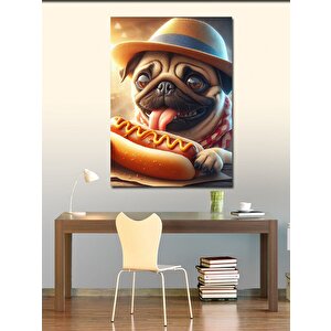 Kanvas Tablo Hotdog Yiyen Pug Cinsi Köpek 100x140 cm