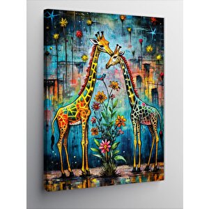 Kanvas Tablo Sevimli Zürafalar Ve Çiçekler 100x140 cm
