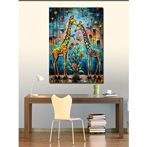 Kanvas Tablo Sevimli Zürafalar Ve Çiçekler 100x140 cm