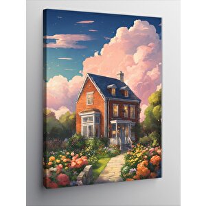 Kanvas Tablo Çiçekler Ve Müstakil Ev 70x100 cm