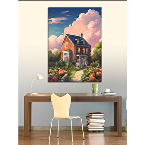 Kanvas Tablo Çiçekler Ve Müstakil Ev 70x100 cm