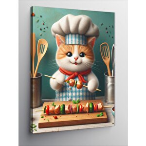 Kanvas Tablo Şiş Kebap Yapan Sevimli Kedi 70x100 cm