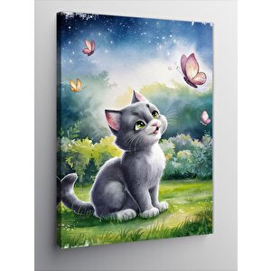 Kanvas Tablo Gri Yavru Kedi Ve Kelebek 50x70 cm