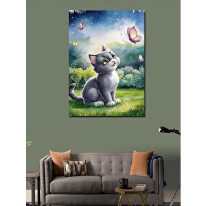 Kanvas Tablo Gri Yavru Kedi Ve Kelebek 50x70 cm