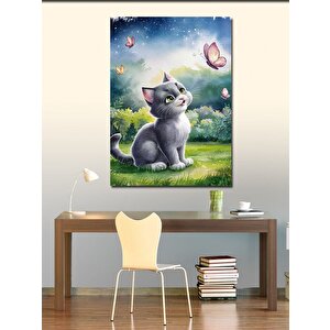 Kanvas Tablo Gri Yavru Kedi Ve Kelebek 50x70 cm