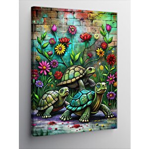 Kanvas Tablo Çiçekler Ve Sevimli Kaplumbağalar
