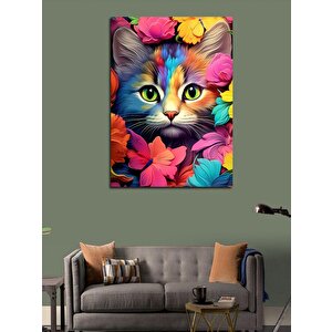 Kanvas Tablo Sevimli Kedi Ve Çiçekler 100x140 cm