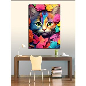 Kanvas Tablo Sevimli Kedi Ve Çiçekler 100x140 cm