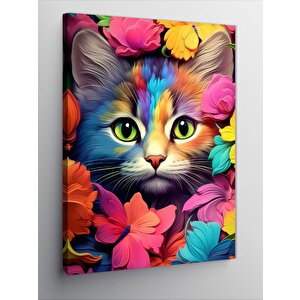 Kanvas Tablo Sevimli Kedi Ve Çiçekler 70x100 cm