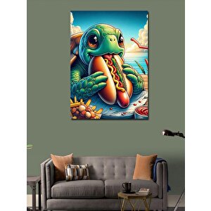 Kanvas Tablo Hotdog Yiyen Sevimli Kaplumbağa 50x70 cm