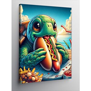 Kanvas Tablo Hotdog Yiyen Sevimli Kaplumbağa 70x100 cm