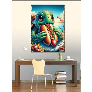 Kanvas Tablo Hotdog Yiyen Sevimli Kaplumbağa 70x100 cm