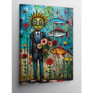 Kanvas Tablo Çiçek Kafalı Adam Ve Uçan Balıklar 100x140 cm