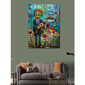Kanvas Tablo Çiçek Kafalı Adam Ve Uçan Balıklar 100x140 cm