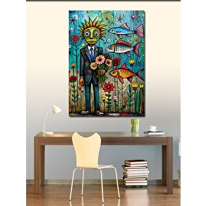 Kanvas Tablo Çiçek Kafalı Adam Ve Uçan Balıklar 100x140 cm