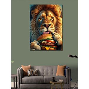 Kanvas Tablo Hamburger Yiyen Sevimli Aslan 50x70 cm